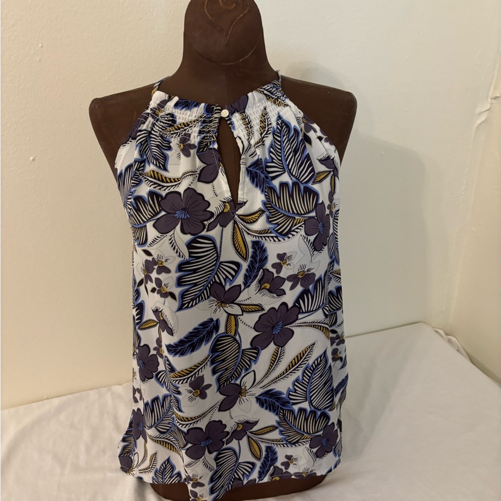 LOFT Blue and White Cut Out Blouse